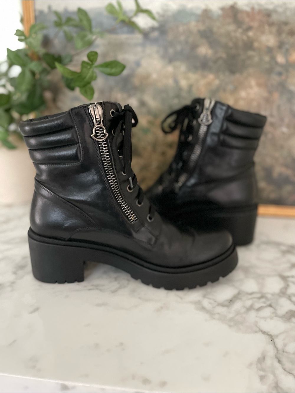 Moncler Viviane Leather Combat Boots Made in Italy Black Chunky Moto Size 40 - Picture 7 of 13